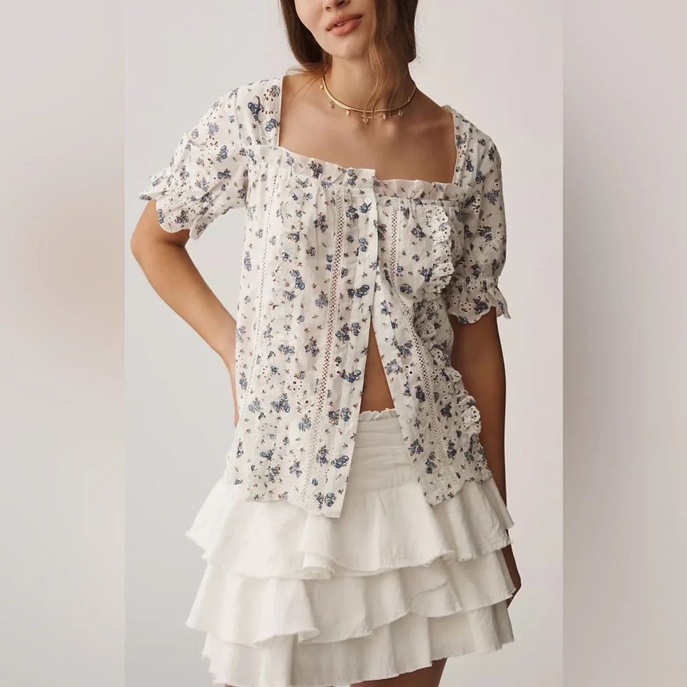 NWT By Anthropologie Puff-Sleeve Eyelet Top size LP Ivory Blue Floral Print Boho